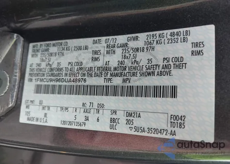 2013 Ford Escape Sel from USA, damaged, VIN 1FMCU9H96DUA48976